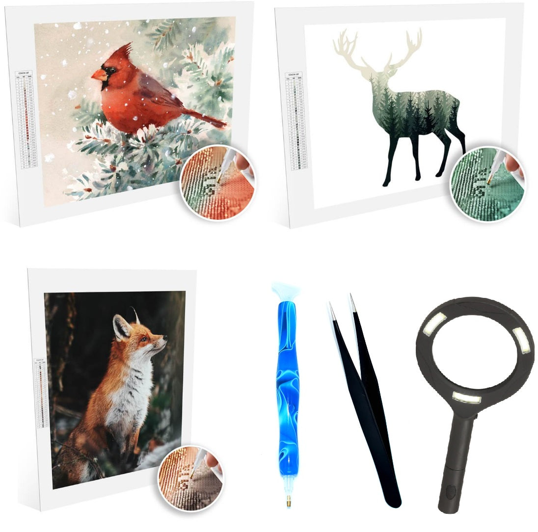 Diamond Painting Bundle 1 (3 Paintings + Premium Diamond Drill + Magnifying Glass + Tweezers)