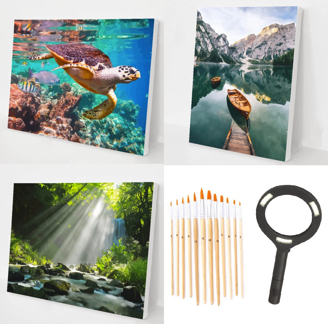 Best Sellers Bundle 11 (3 Paintings + 12 pcs brush set + Magnifying Glass)