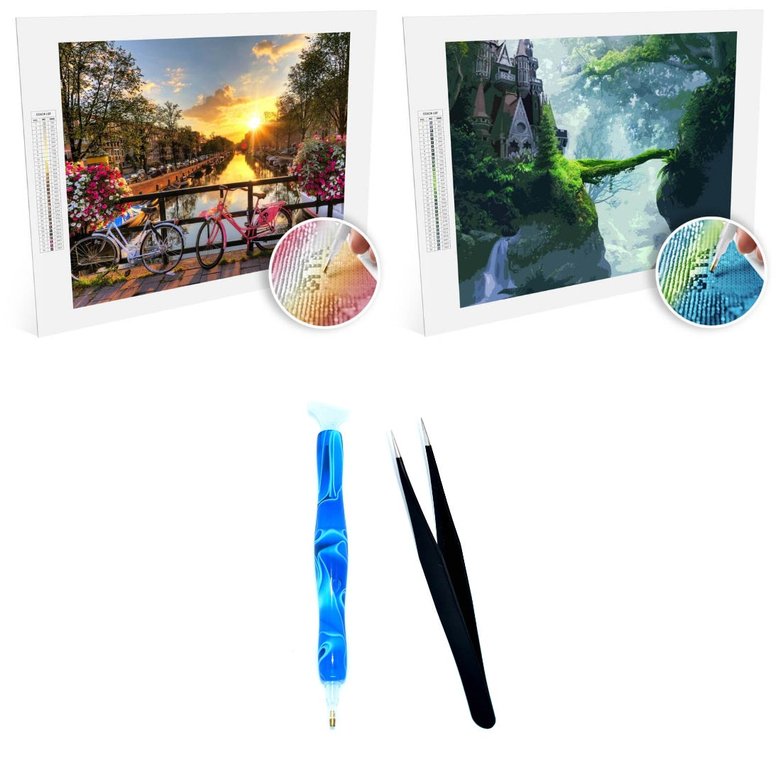 Diamond Painting Bundle 2 (2 Paintings + Premium Diamond Drill + Tweezers)